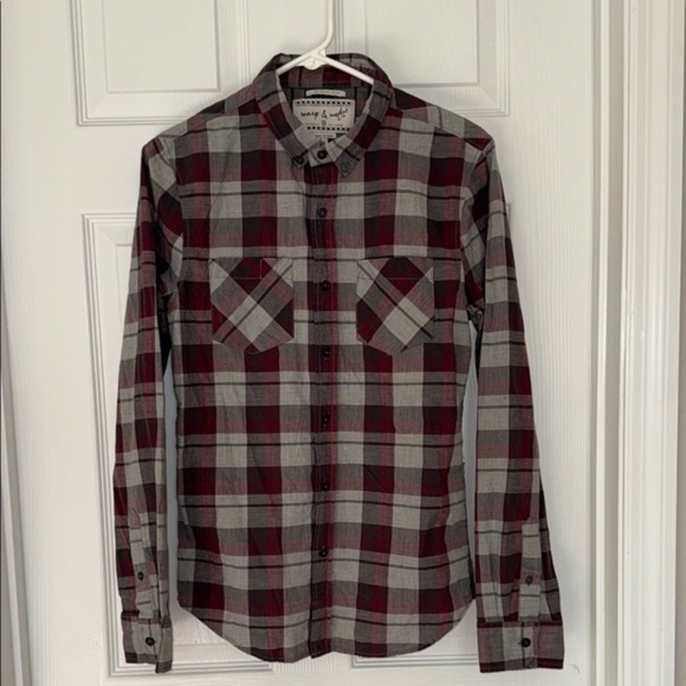 warp & weft men’s gray,red & black longsleeve plaid shirt